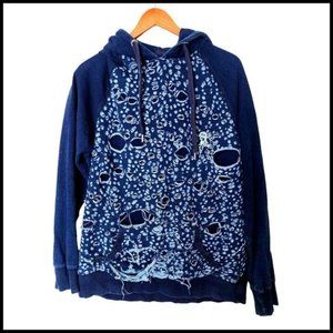 PRPS Goods Indigo Blue Distressed Hooded Sweatshirt 2XL Kangaroo Pocket Slim aci